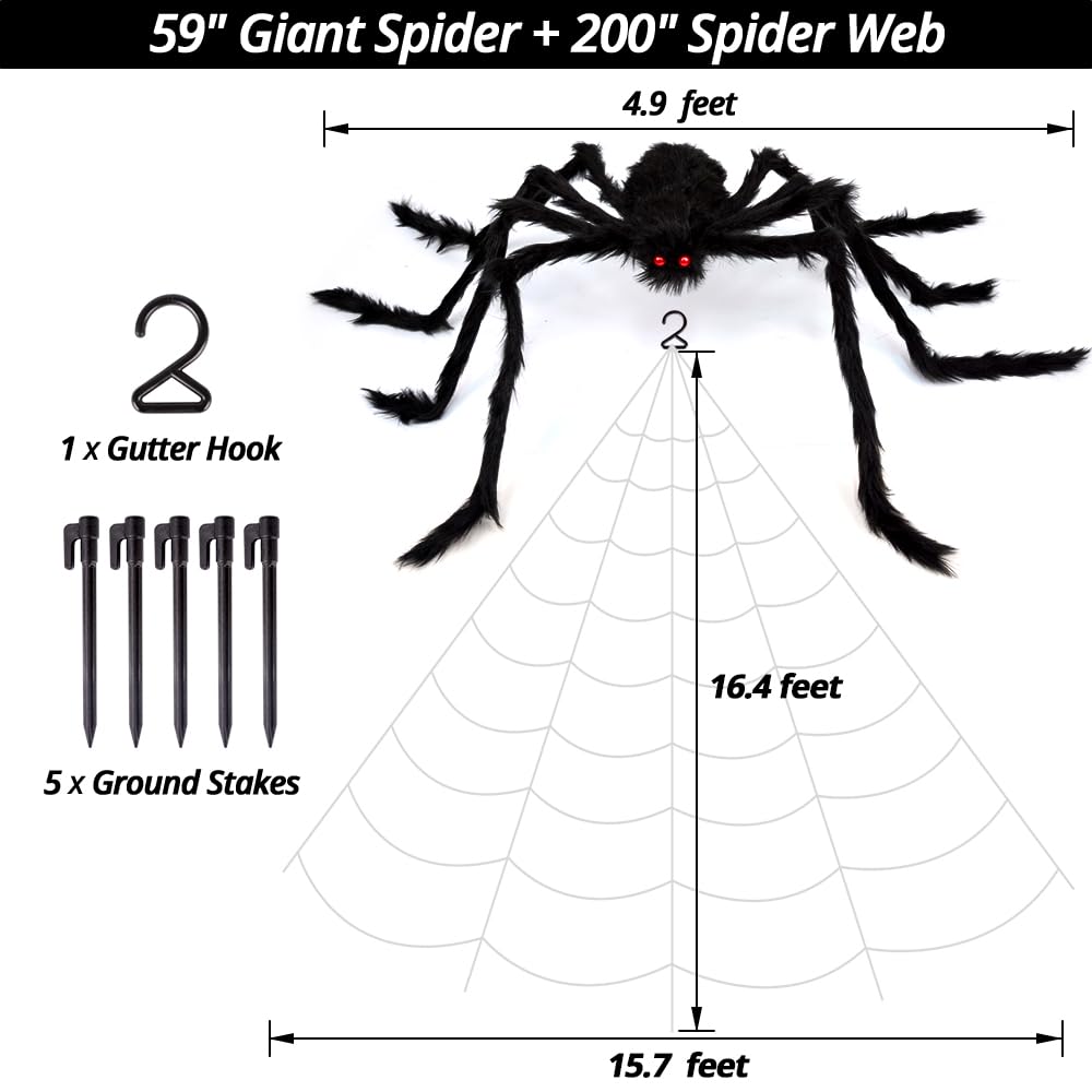 OCATO 200" Halloween Decorations Spider Web Lights Outdoor +59" Fake Spider
