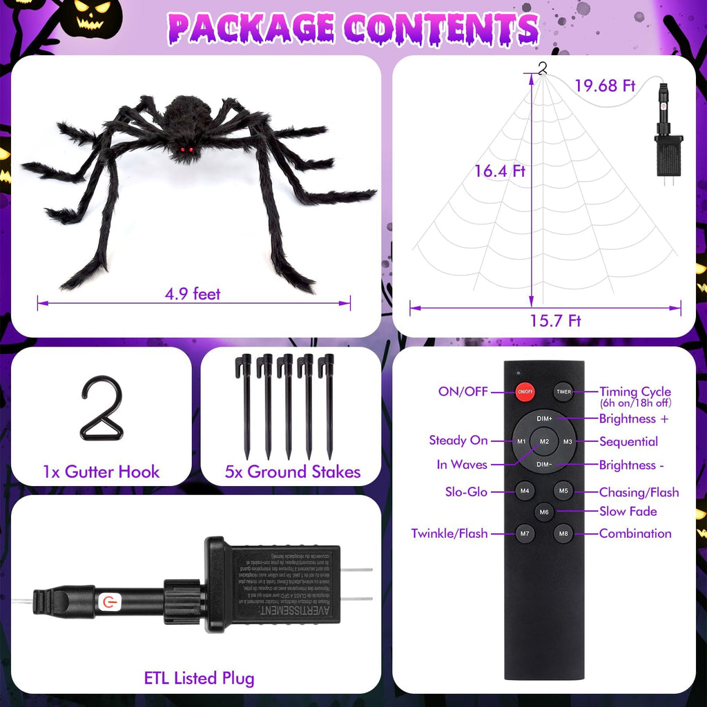 OCATO 200" Halloween Decorations Spider Web Lights Outdoor +59" Fake Spider