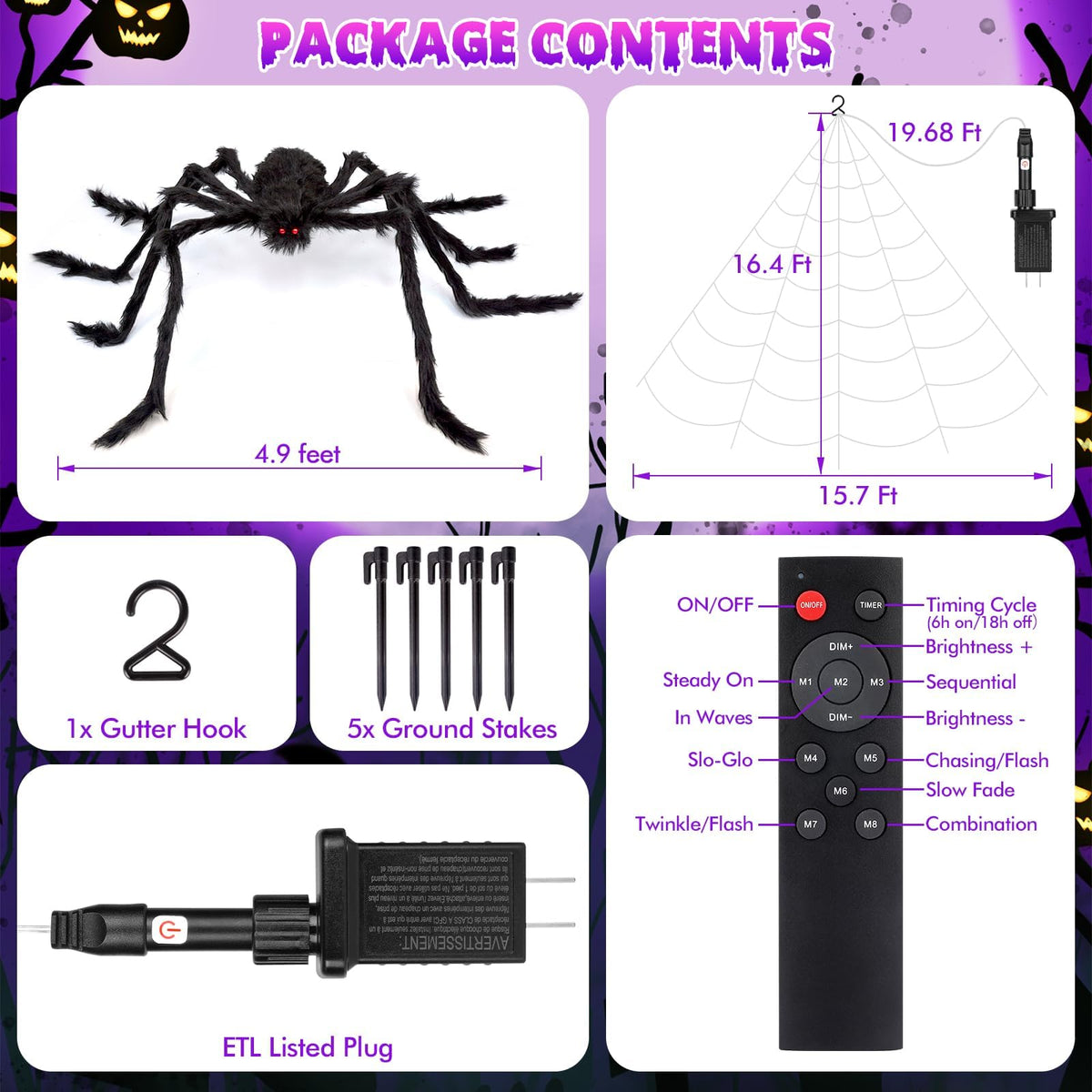OCATO 200" Halloween Decorations Spider Web Lights Outdoor +59" Fake Spider