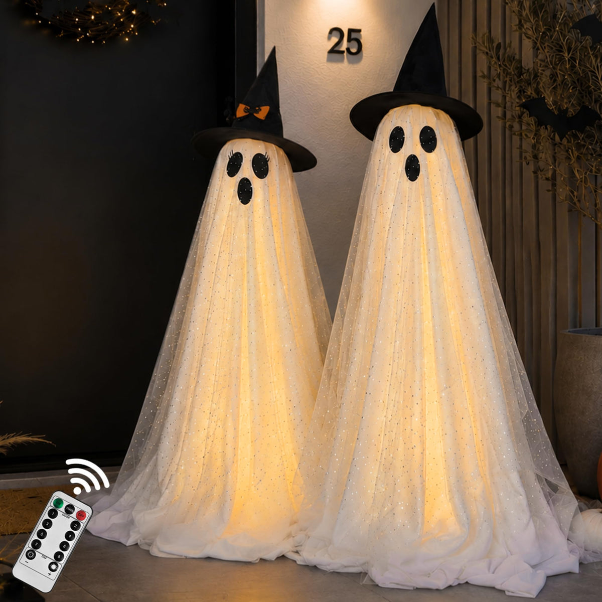 AYGXU 2pcs Halloween Decorations Indoor,Ghost Decor with String Lights Remote Control,Halloween Party Decorations,Spooky Ghost Light for Home Table Room Kitchen Office
