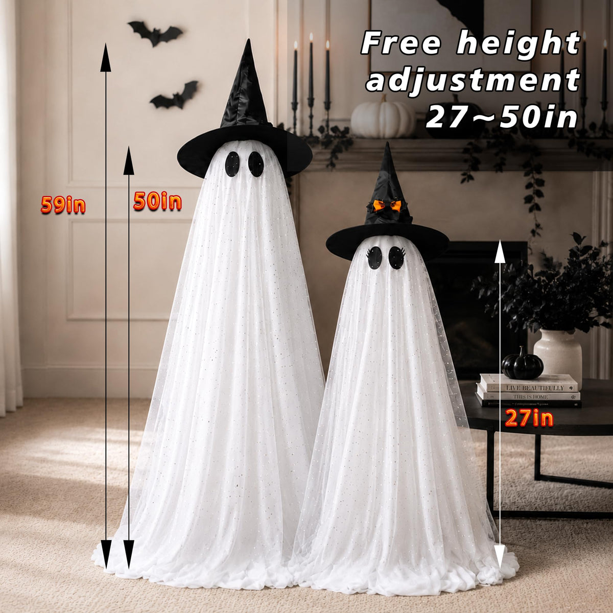 AYGXU 2pcs Halloween Decorations Indoor,Ghost Decor with String Lights Remote Control,Halloween Party Decorations,Spooky Ghost Light for Home Table Room Kitchen Office