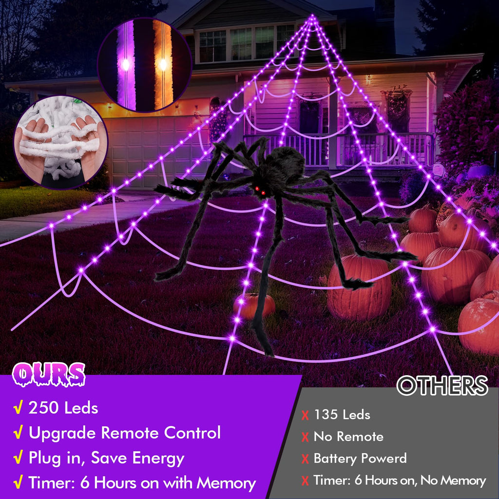 OCATO 200" Halloween Decorations Spider Web Lights Outdoor +59" Fake Spider