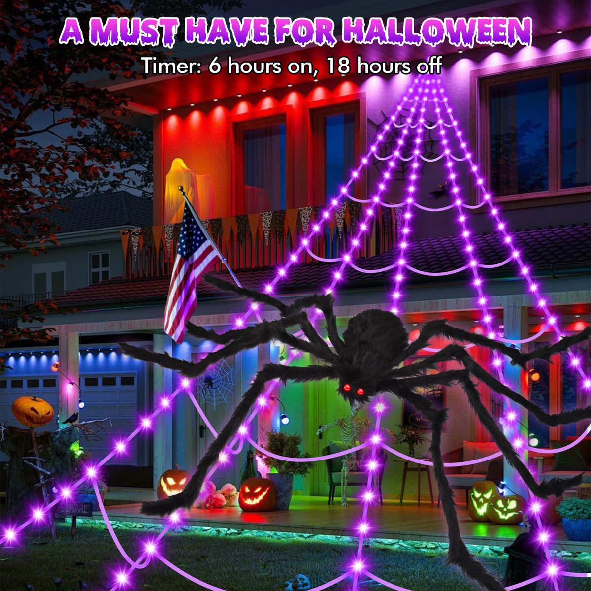 OCATO 200" Halloween Decorations Spider Web Lights Outdoor +59" Fake Spider