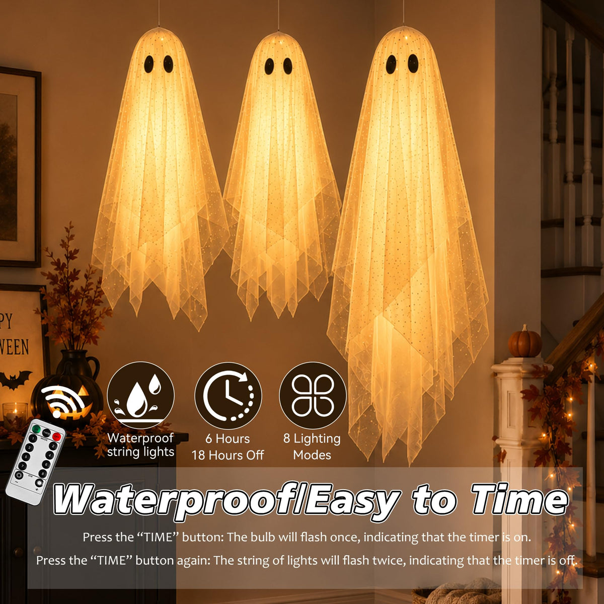 AYGXU 2pcs Halloween Decorations Indoor,Ghost Decor with String Lights Remote Control,Halloween Party Decorations,Spooky Ghost Light for Home Table Room Kitchen Office