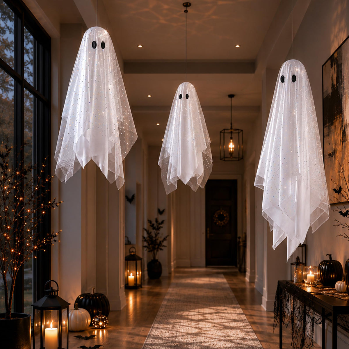 AYGXU 2pcs Halloween Decorations Indoor,Ghost Decor with String Lights Remote Control,Halloween Party Decorations,Spooky Ghost Light for Home Table Room Kitchen Office