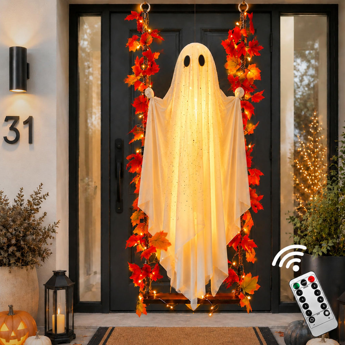 AYGXU 2pcs Halloween Decorations Indoor,Ghost Decor with String Lights Remote Control,Halloween Party Decorations,Spooky Ghost Light for Home Table Room Kitchen Office
