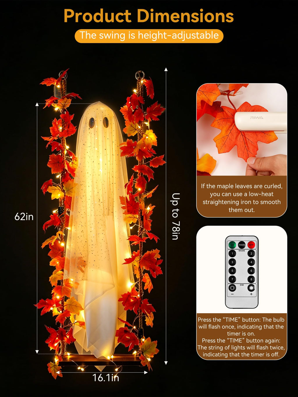 AYGXU 2pcs Halloween Decorations Indoor,Ghost Decor with String Lights Remote Control,Halloween Party Decorations,Spooky Ghost Light for Home Table Room Kitchen Office