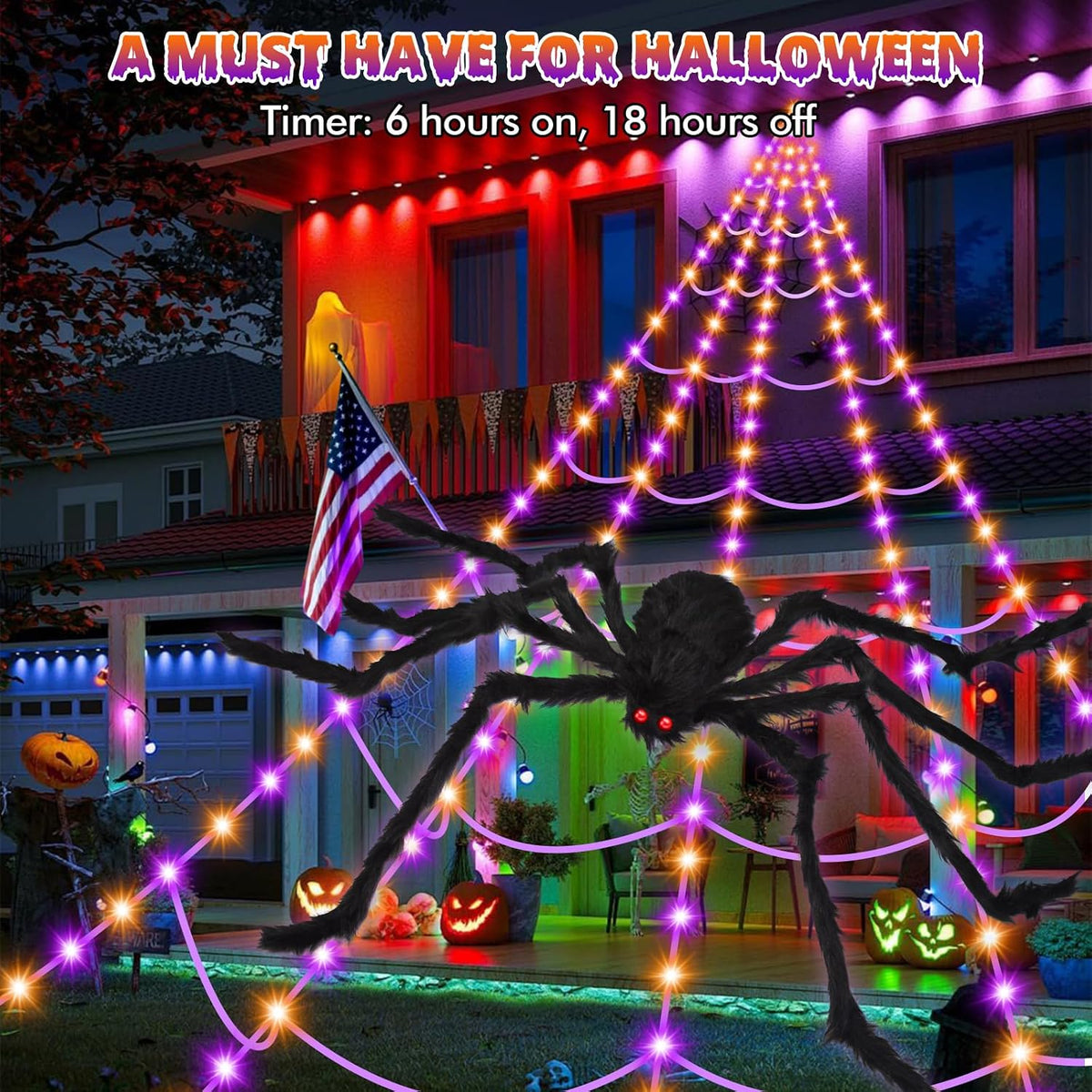 OCATO 200" Halloween Decorations Spider Web Lights Outdoor +59" Fake Spider