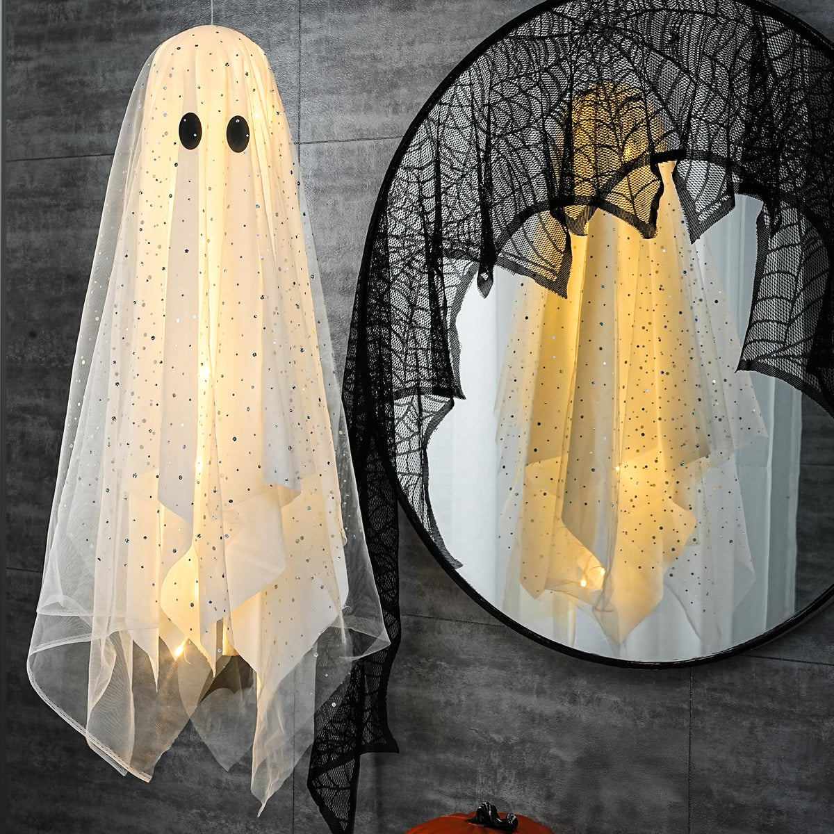 AYGXU 2pcs Halloween Decorations Indoor,Ghost Decor with String Lights Remote Control,Halloween Party Decorations,Spooky Ghost Light for Home Table Room Kitchen Office