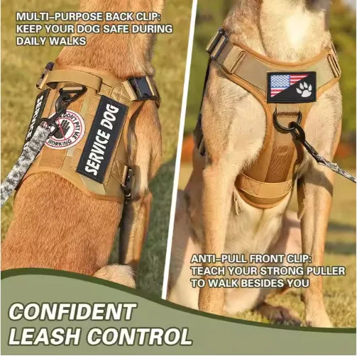 Gray camo tactical dog harness with metal hardware detail