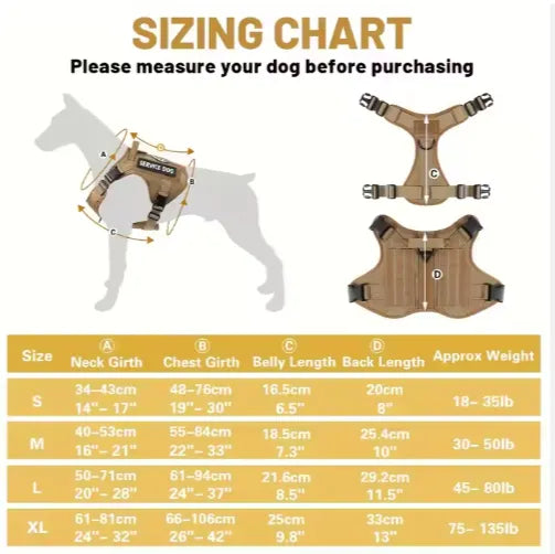 Large dog harness sizing chart with weight capacity by size
